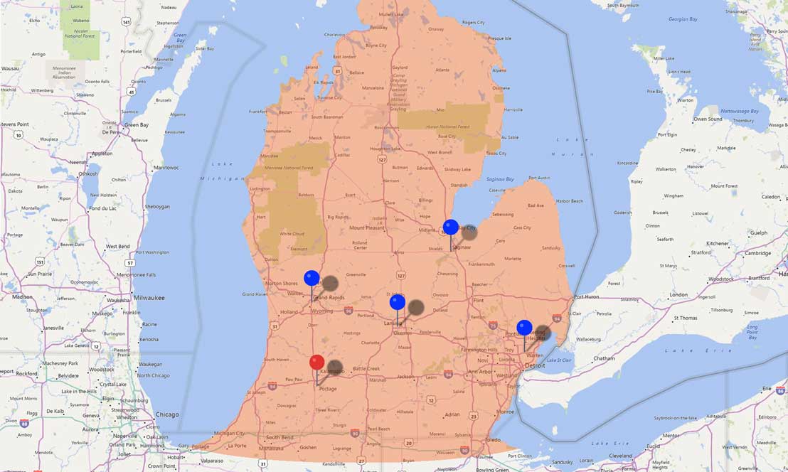 Kalamazoo X-Ray Sales service area map